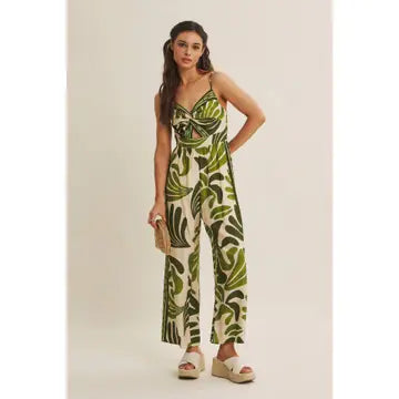 Island Breeze Resort Border Print Knot Front Wide-Leg Jumpsuit