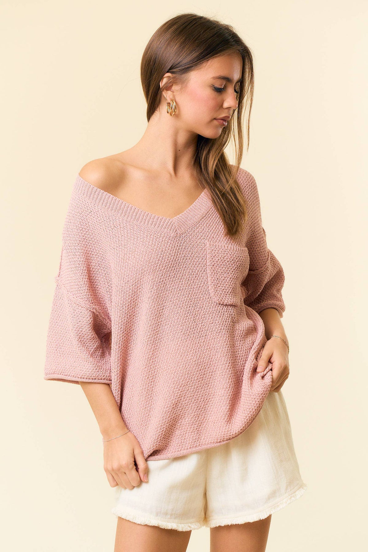 V-Neck Dropped Short Sleeve Exposed Seam Sweater