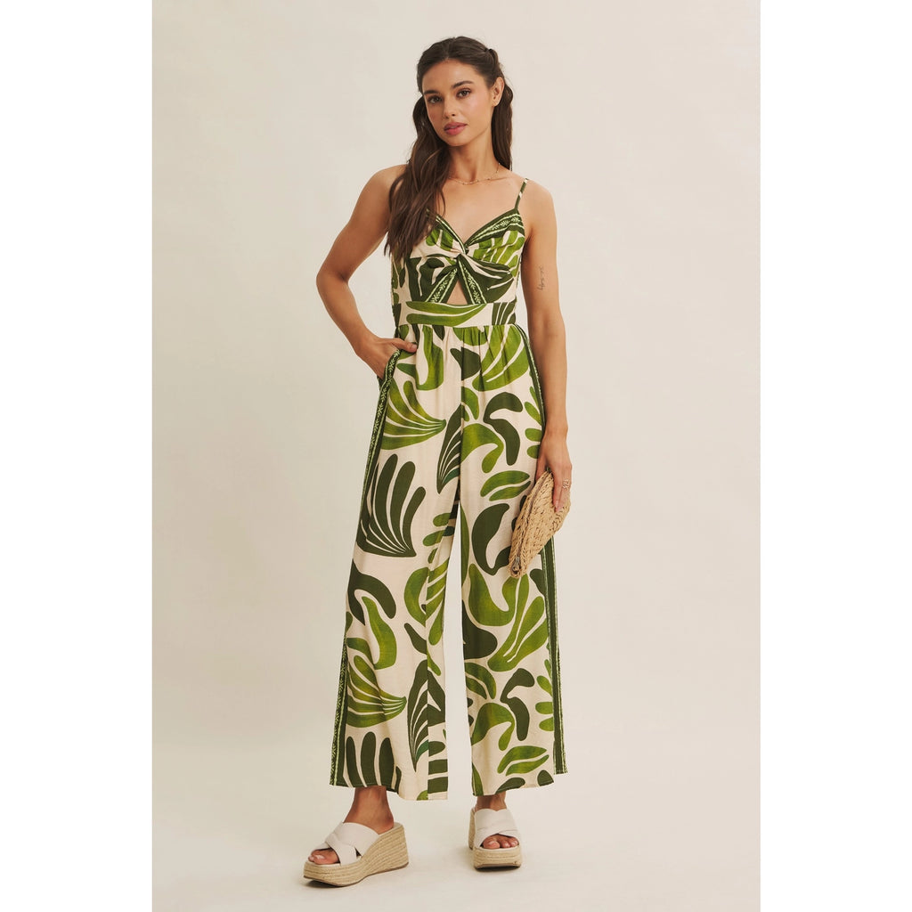 Island Breeze Resort Border Print Knot Front Wide-Leg Jumpsuit
