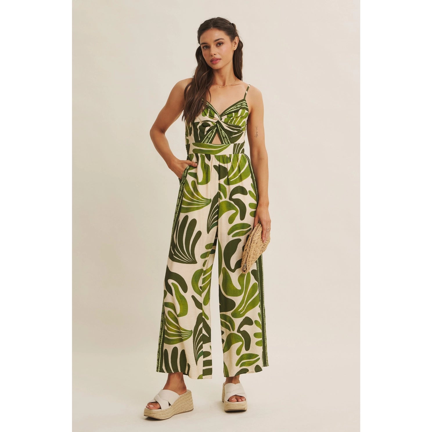 Island Breeze Resort Border Print Knot Front Wide-Leg Jumpsuit