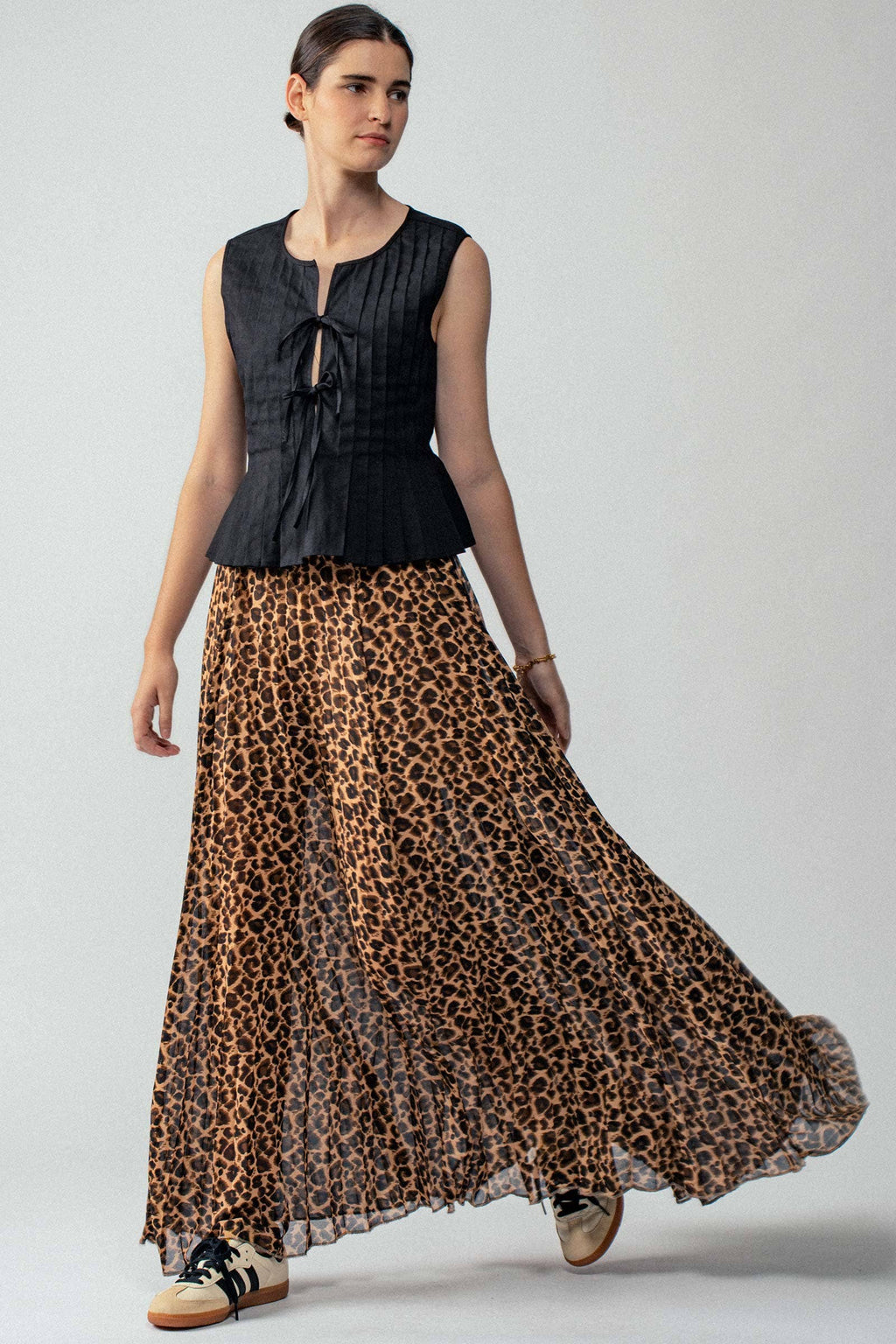 Sophisticated Leopard Print Pleated Flowy A Line Midi Skirt