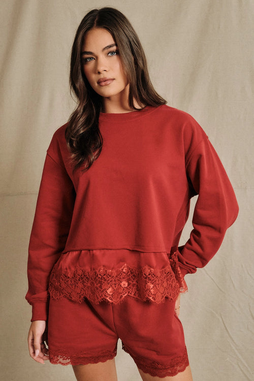 Round Neck Lace Trimmed Hem L/S Sweatshirt