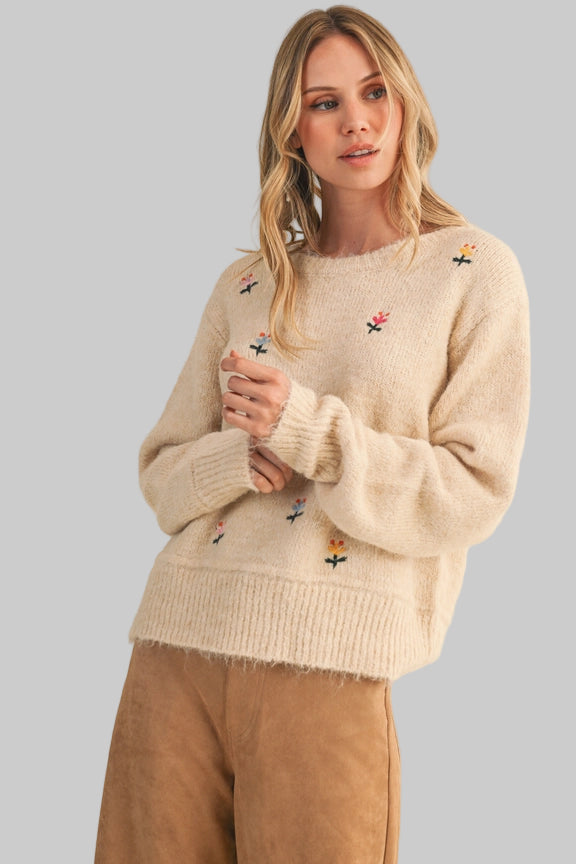 Flower Embroidered Sweater Top