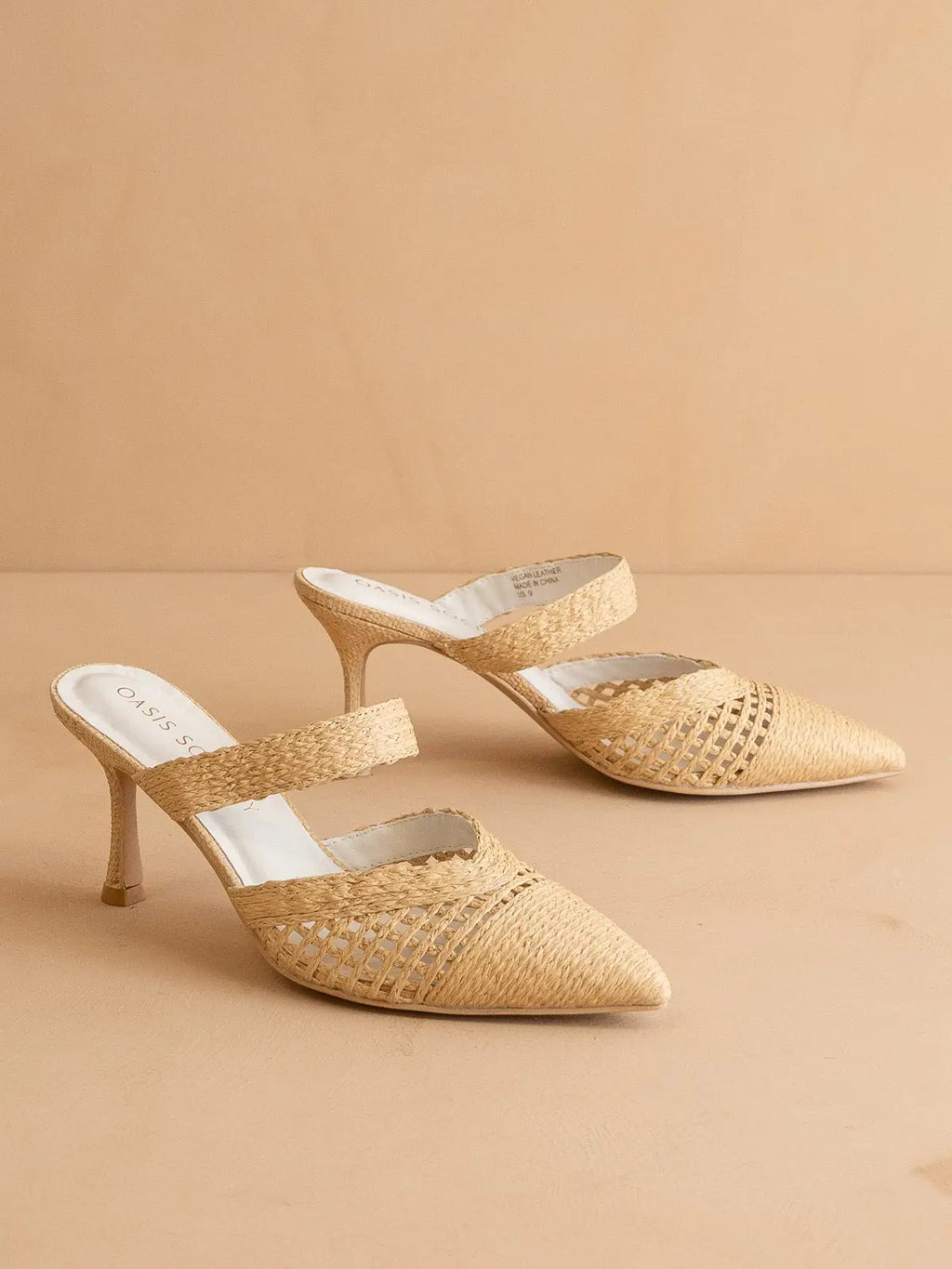 The Tia | Natural Pointed Toe Raffia Detail Kitten Heel