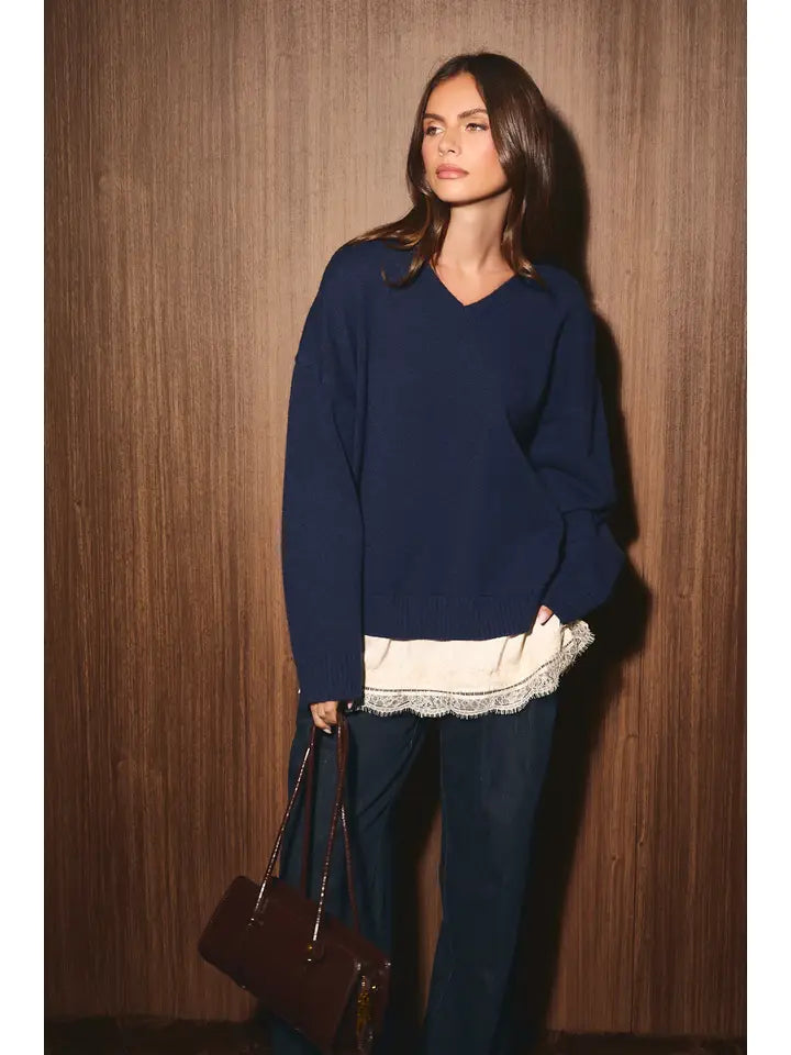 Long Sleeve V-Neck Oversized Sweater w/Layered Lace