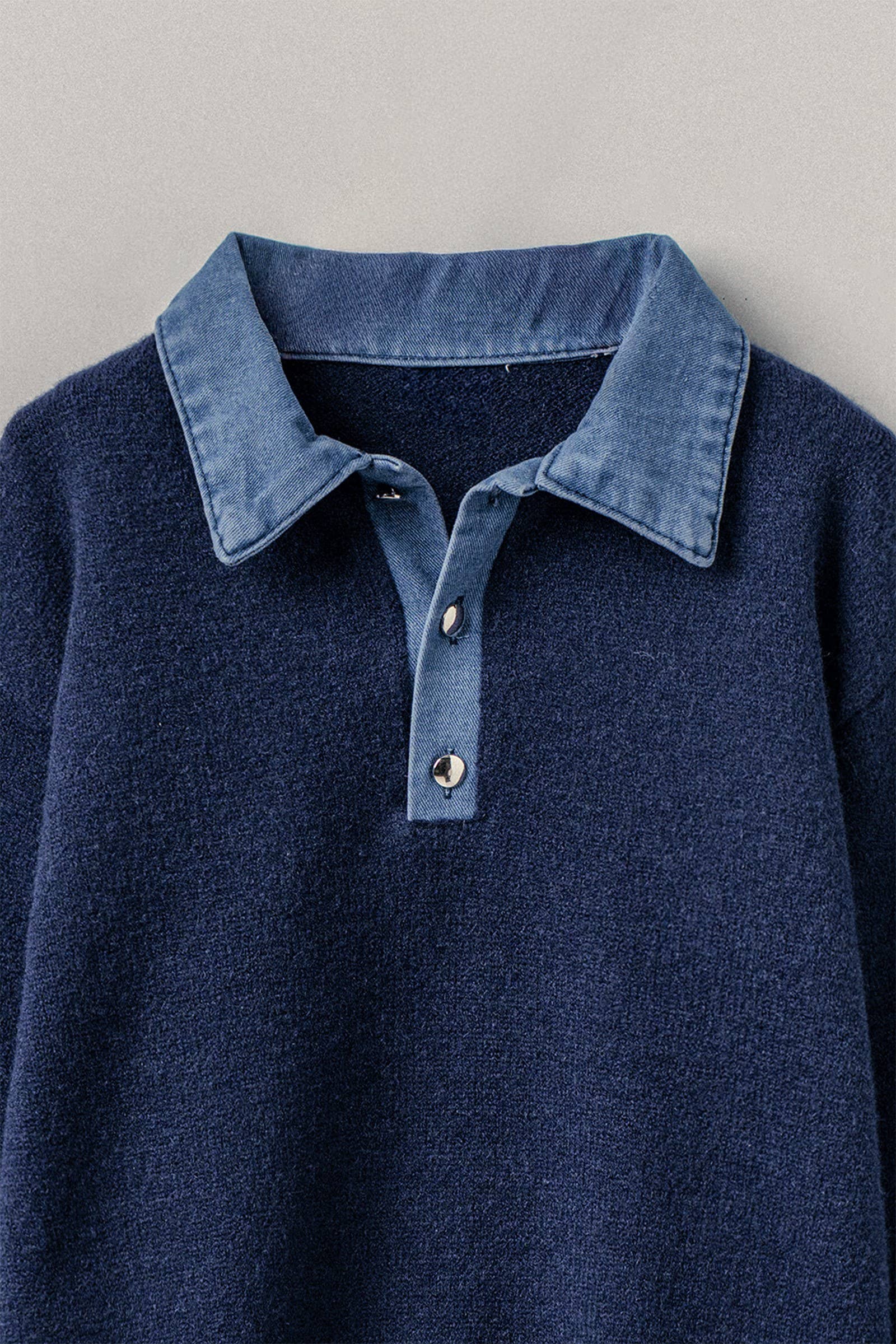 Denim Collar Contrast Button Knit Pullover