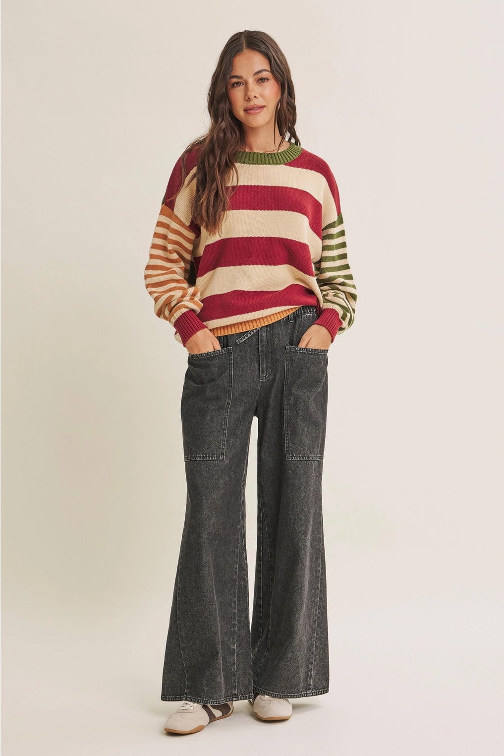 Bold Heritage Inspired Color Block Cotton Sweater Top