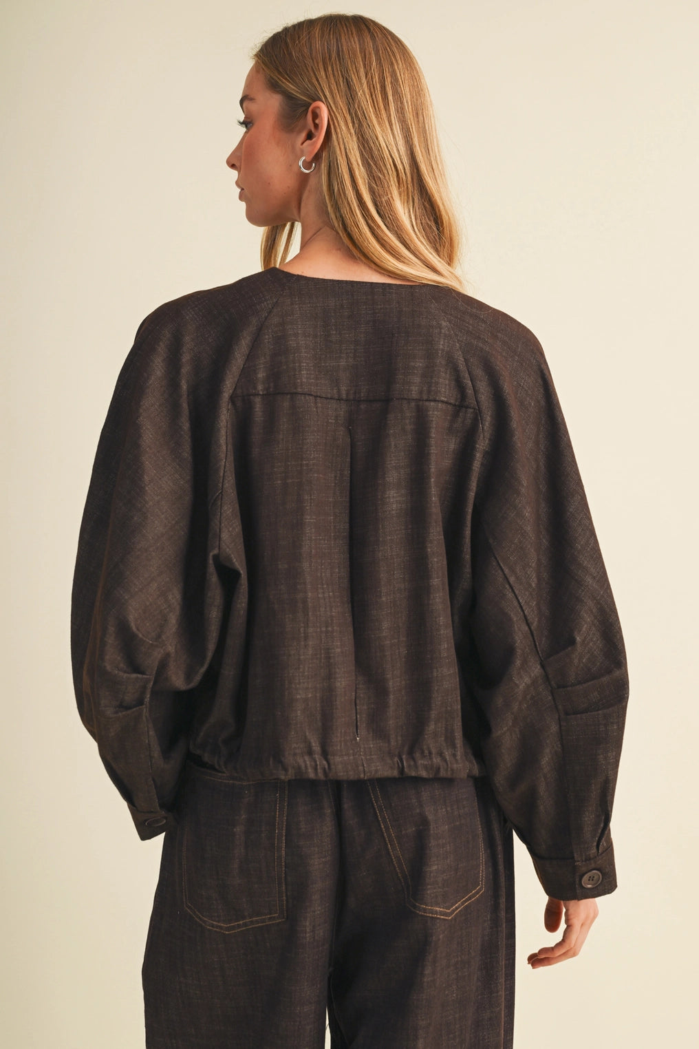 Collarless Volume Sleeve Denim Jacket