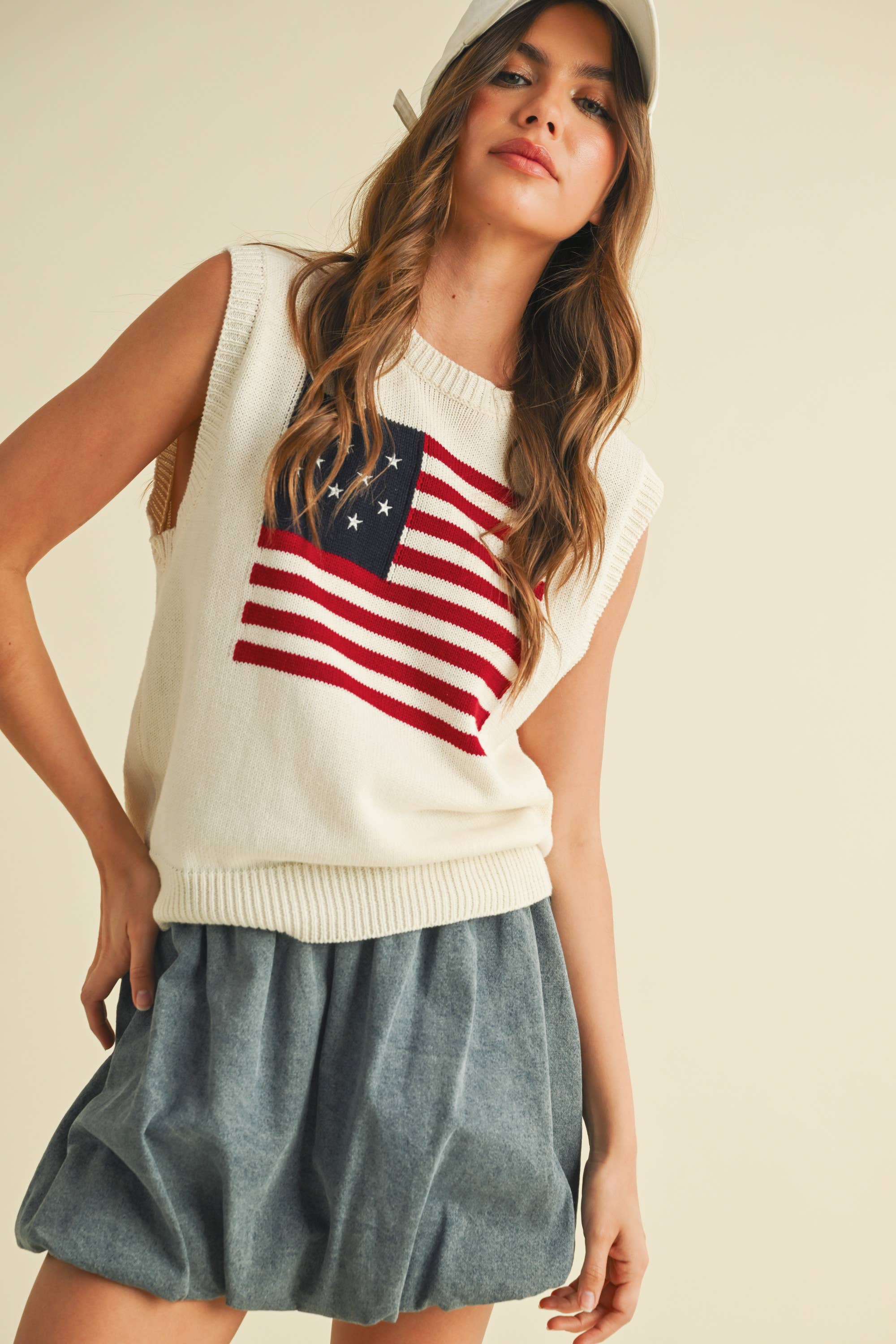 USA FLAG SLEVELESS KNIT PULLOVER SWEATER
