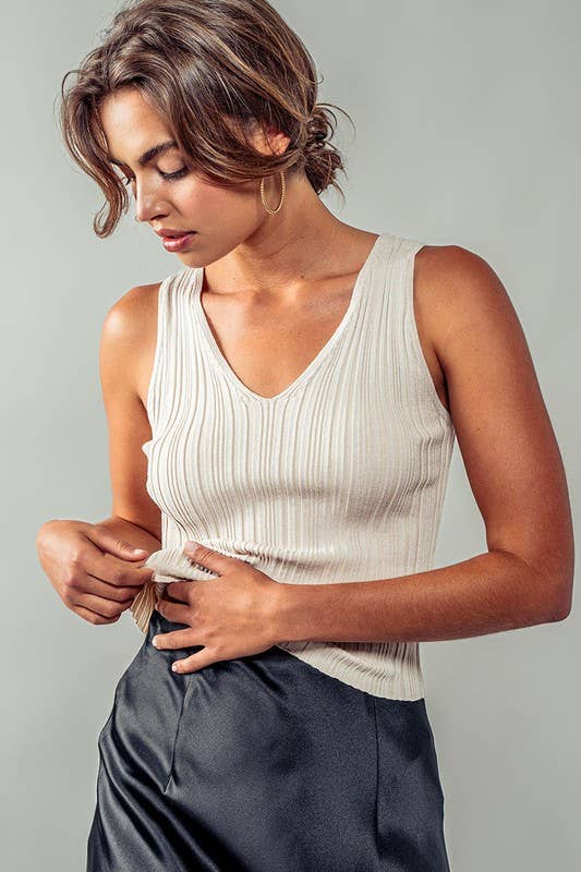 Textured Ribbed V Neck Knit Tank Top