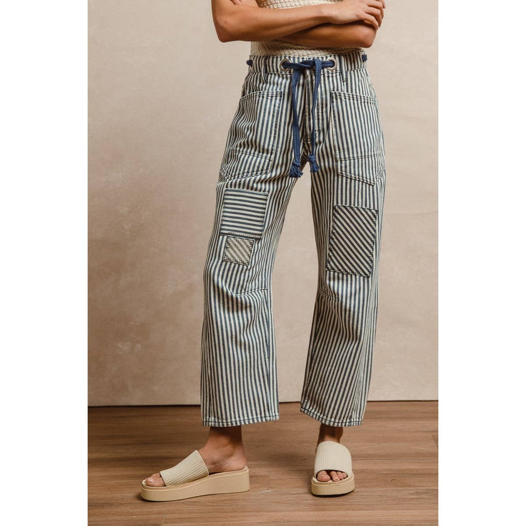 STRIPED TWILL BARREL PANTS