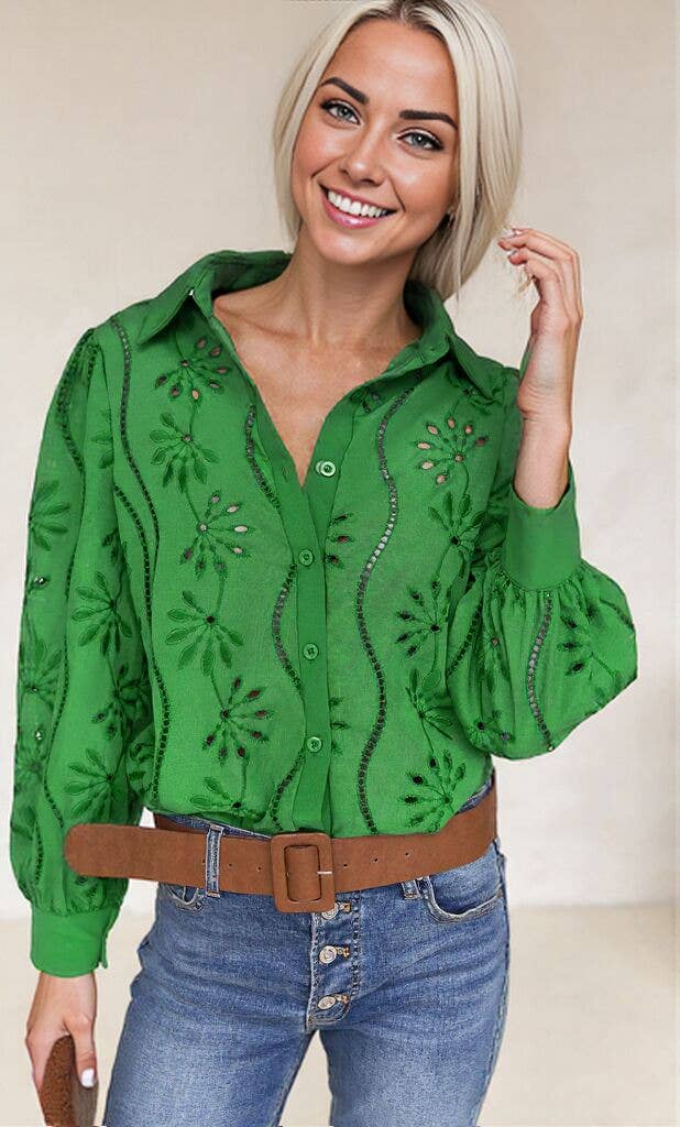 Embroidered Eyelet Long Sleeve Button-Up Blouse