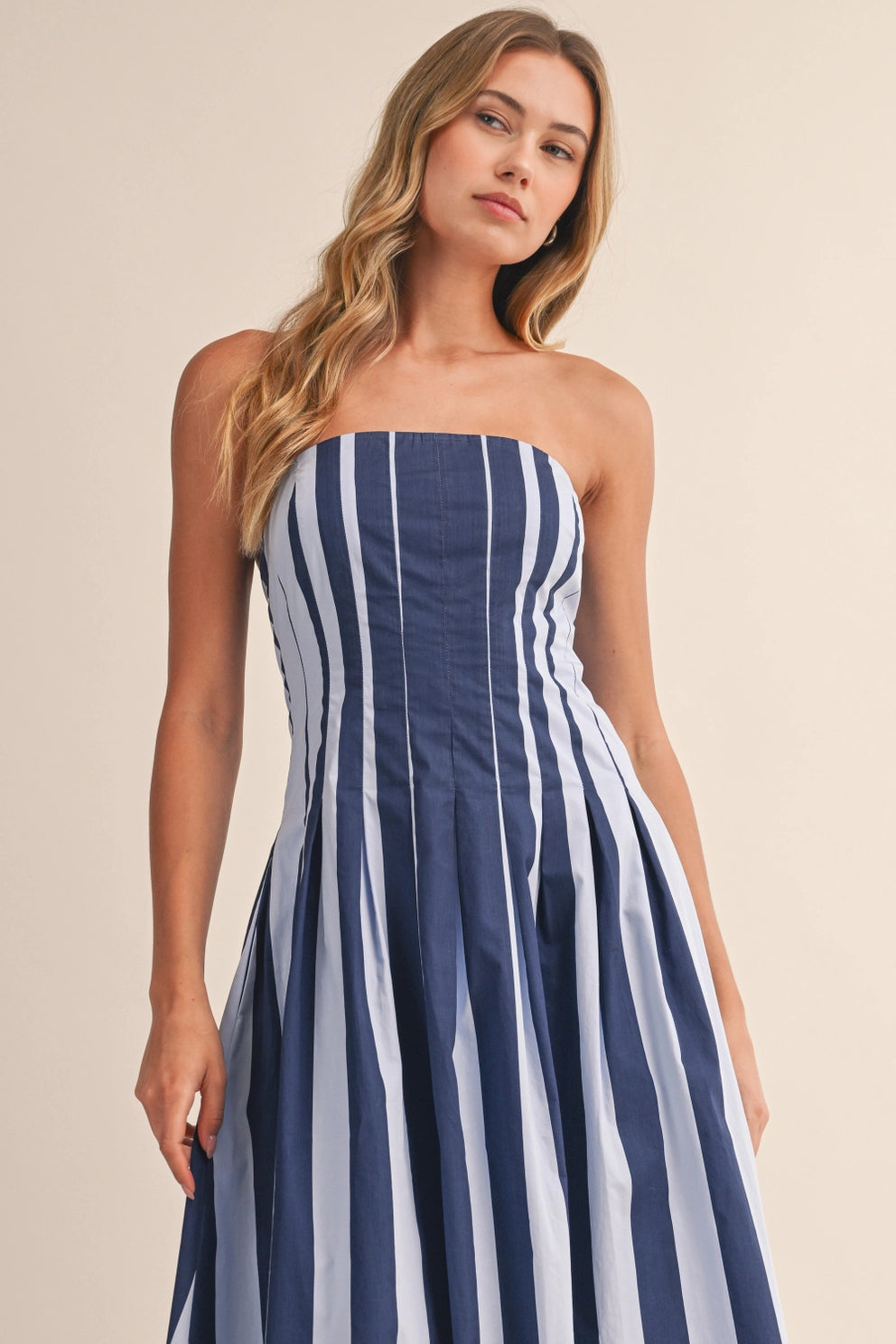 Strapless Striped Pleated Flare Midi Dress