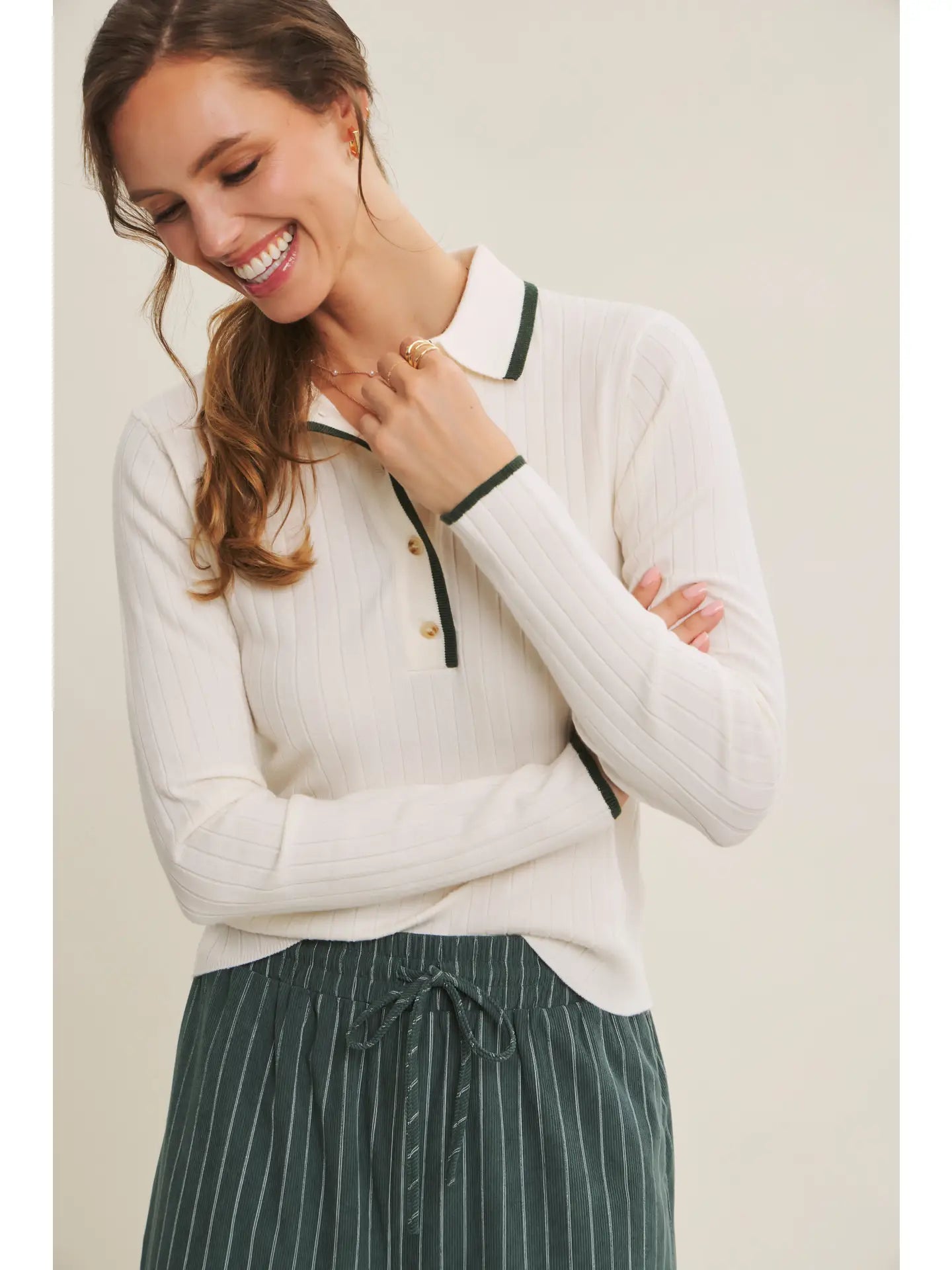 Quietly Elegant Viscose Blend Contrast Ribbed Sweater Polo