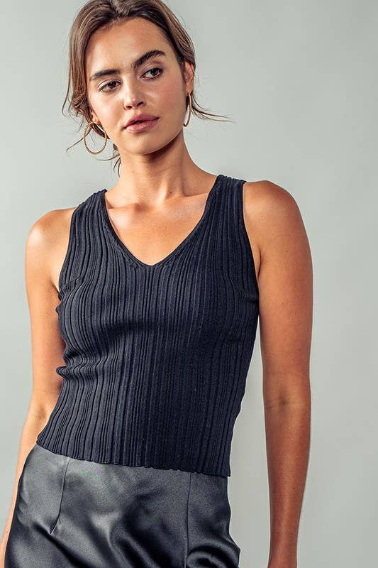 Textured Ribbed V Neck Knit Tank Top