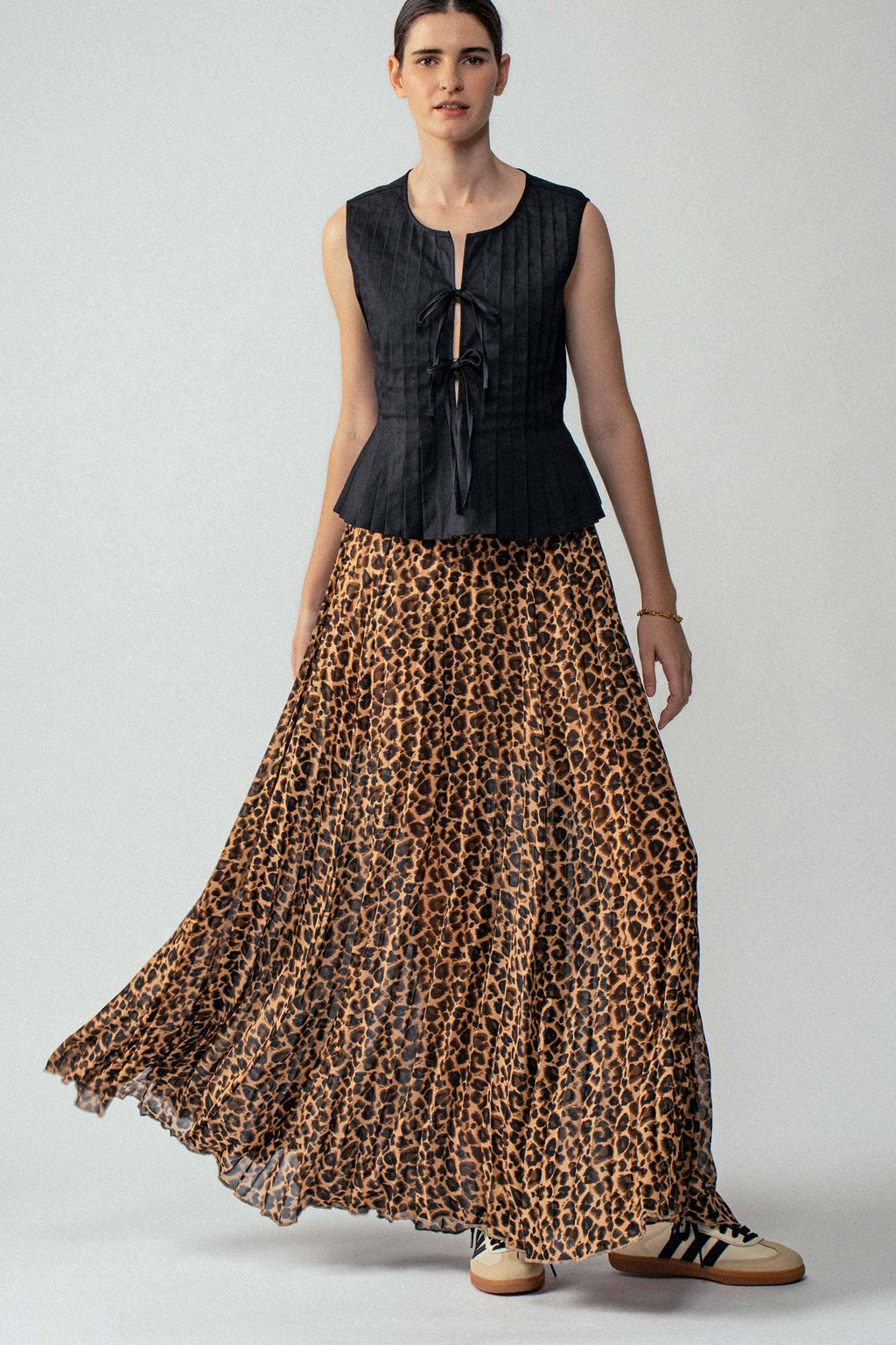 Sophisticated Leopard Print Pleated Flowy A Line Midi Skirt