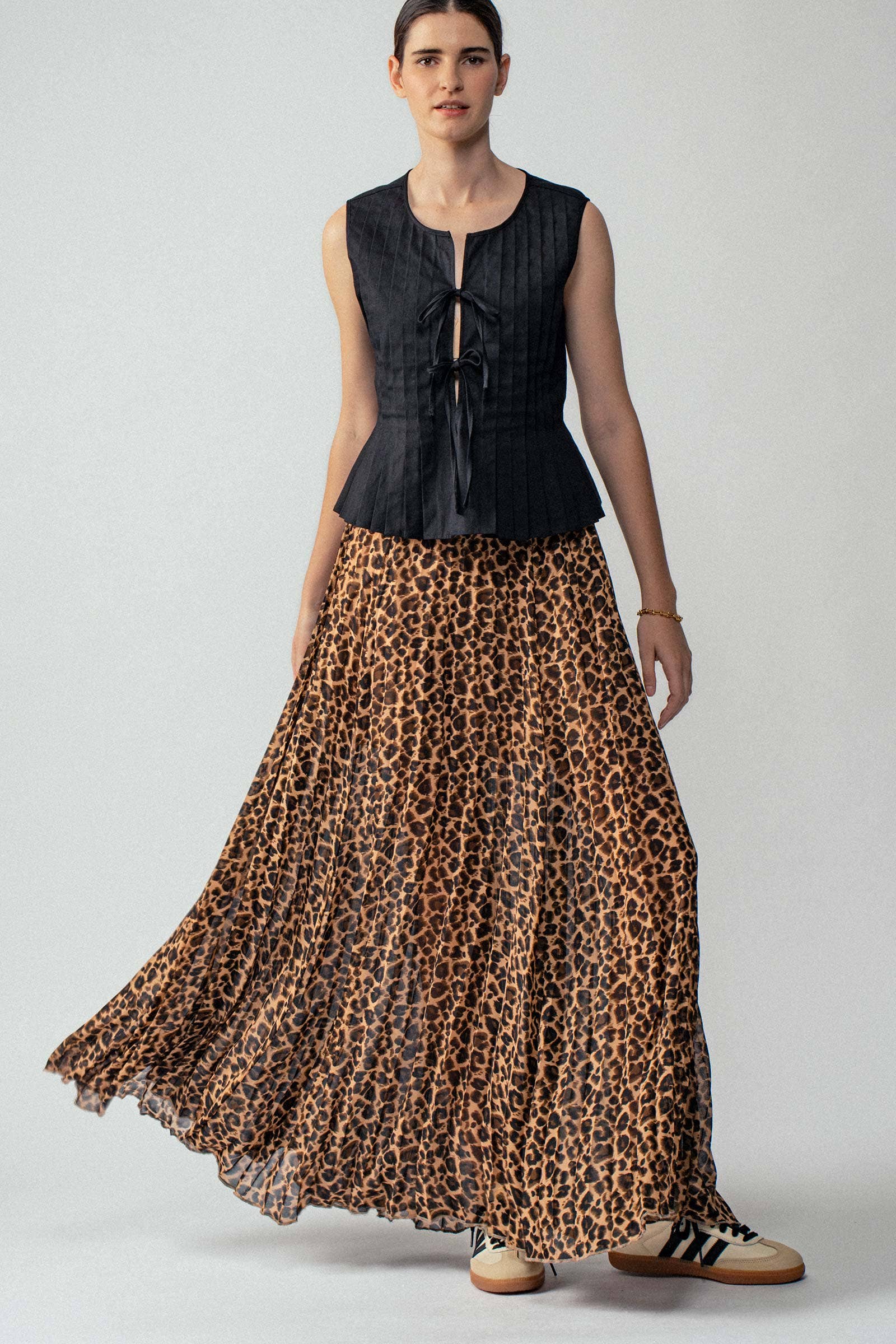 Sophisticated Leopard Print Pleated Flowy A Line Midi Skirt