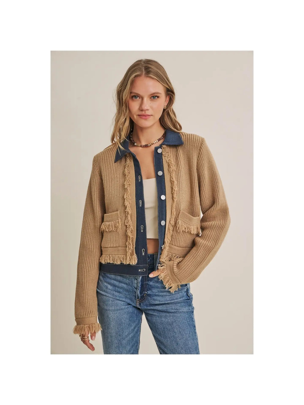 Denim Layered Sweater Fringe Cardigan Jacket