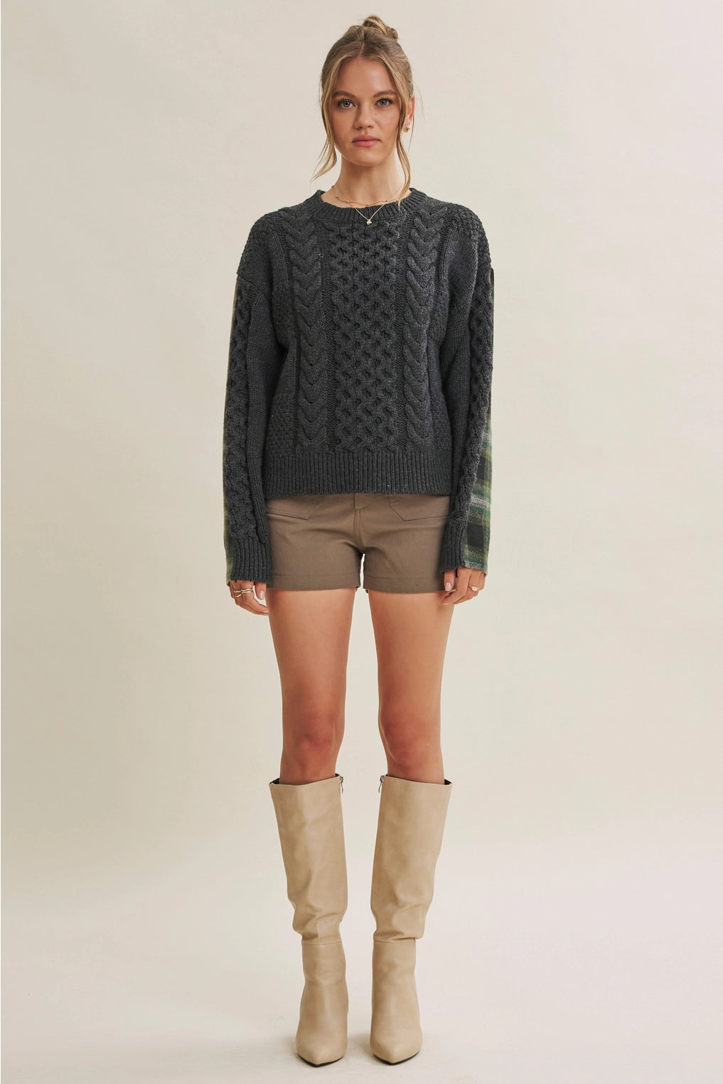 Woodland Plaid Back Cable Knit Sweater Top