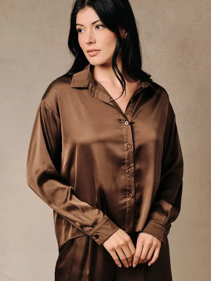 Satin Shirt Collar High-Low Button Down Top
