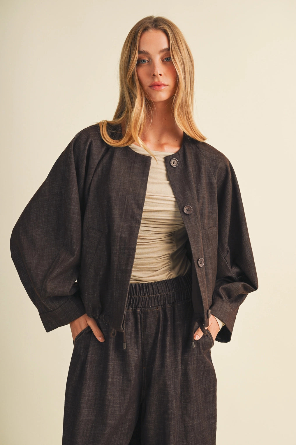 Collarless Volume Sleeve Denim Jacket