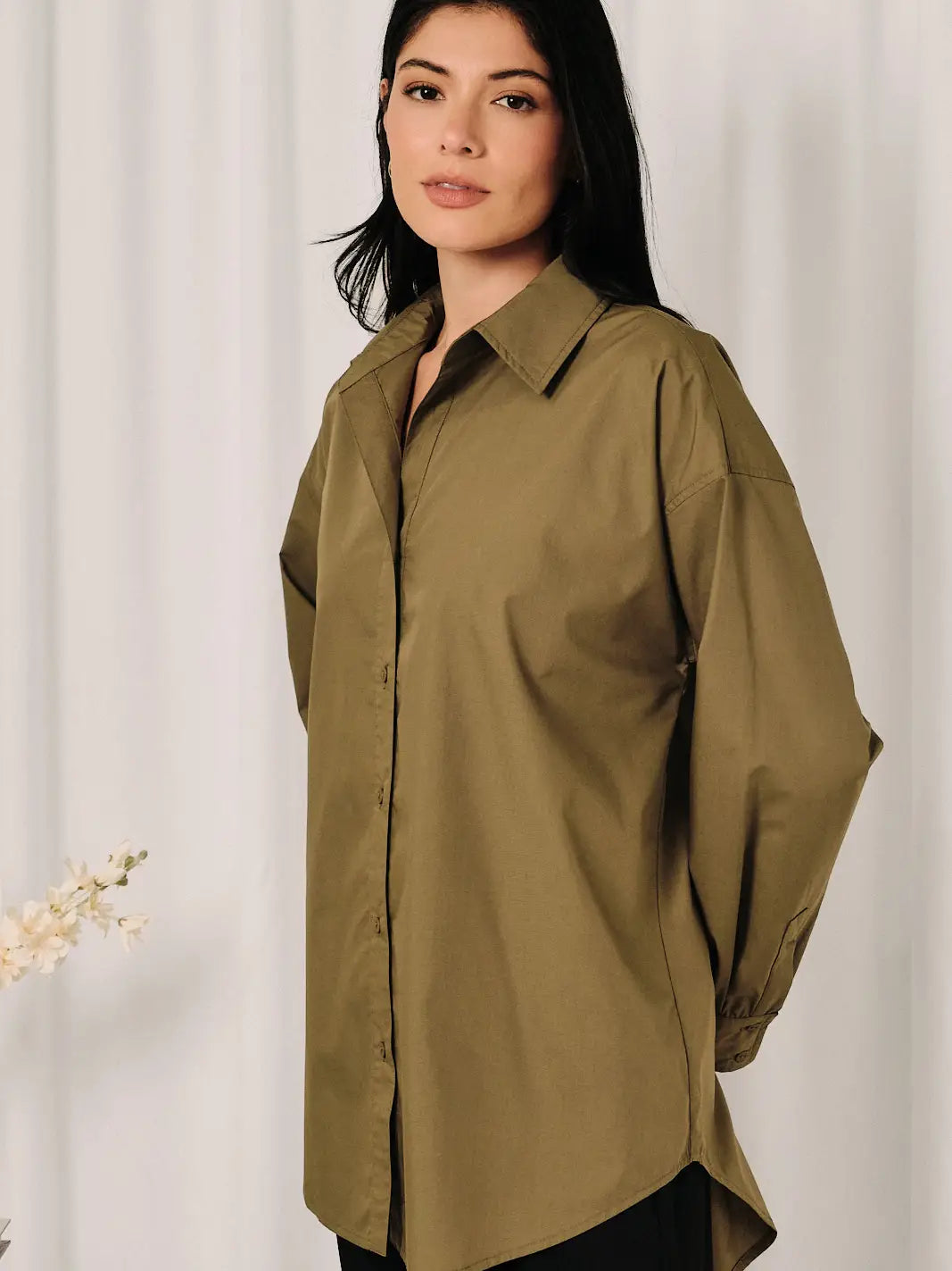 Oversized Point Collar Button Down Long Sleeve Shirt