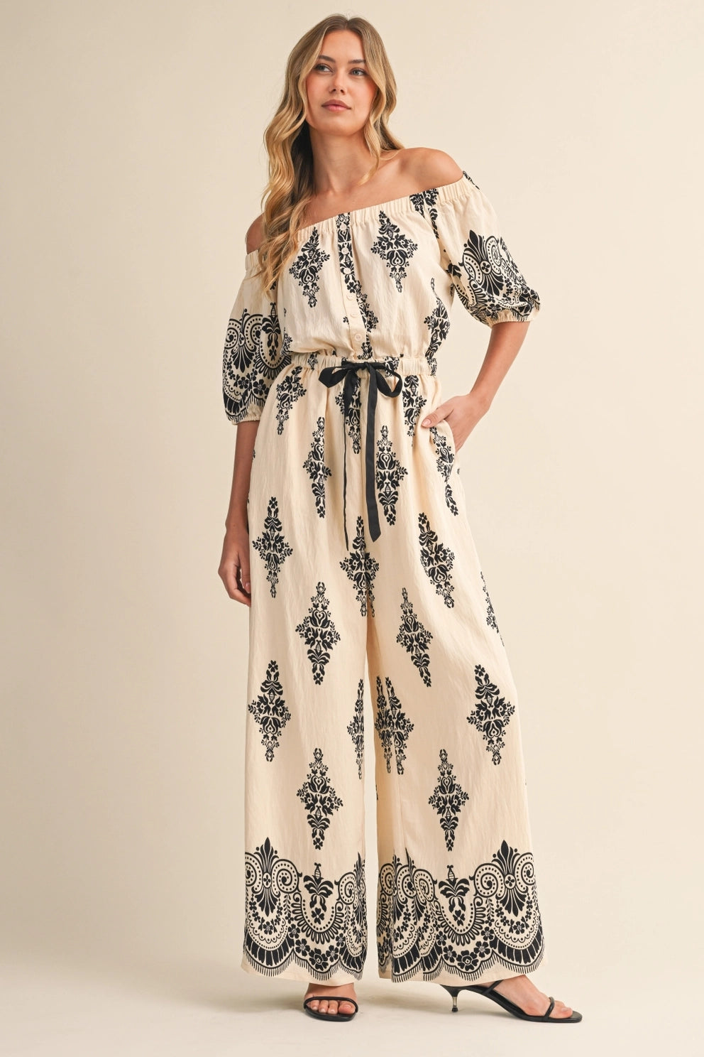 Boarder Printed Off Shoulder Jumpsuit