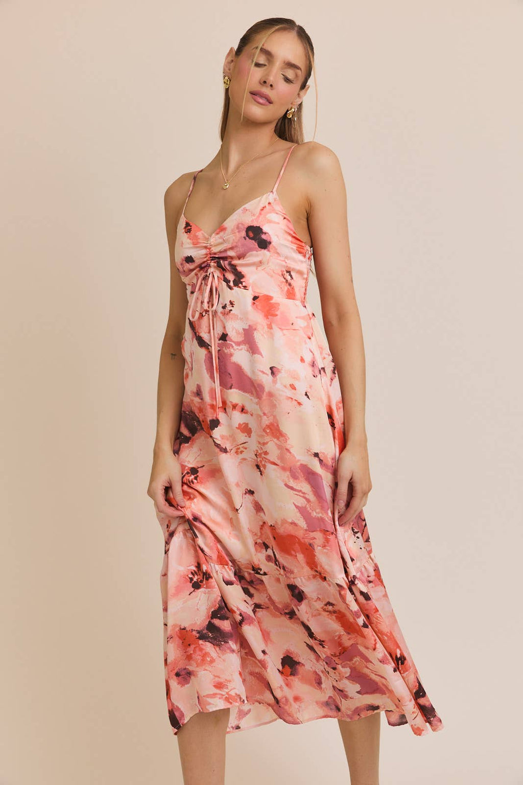 Sweetheart Strap Front Tie Floral Dress
