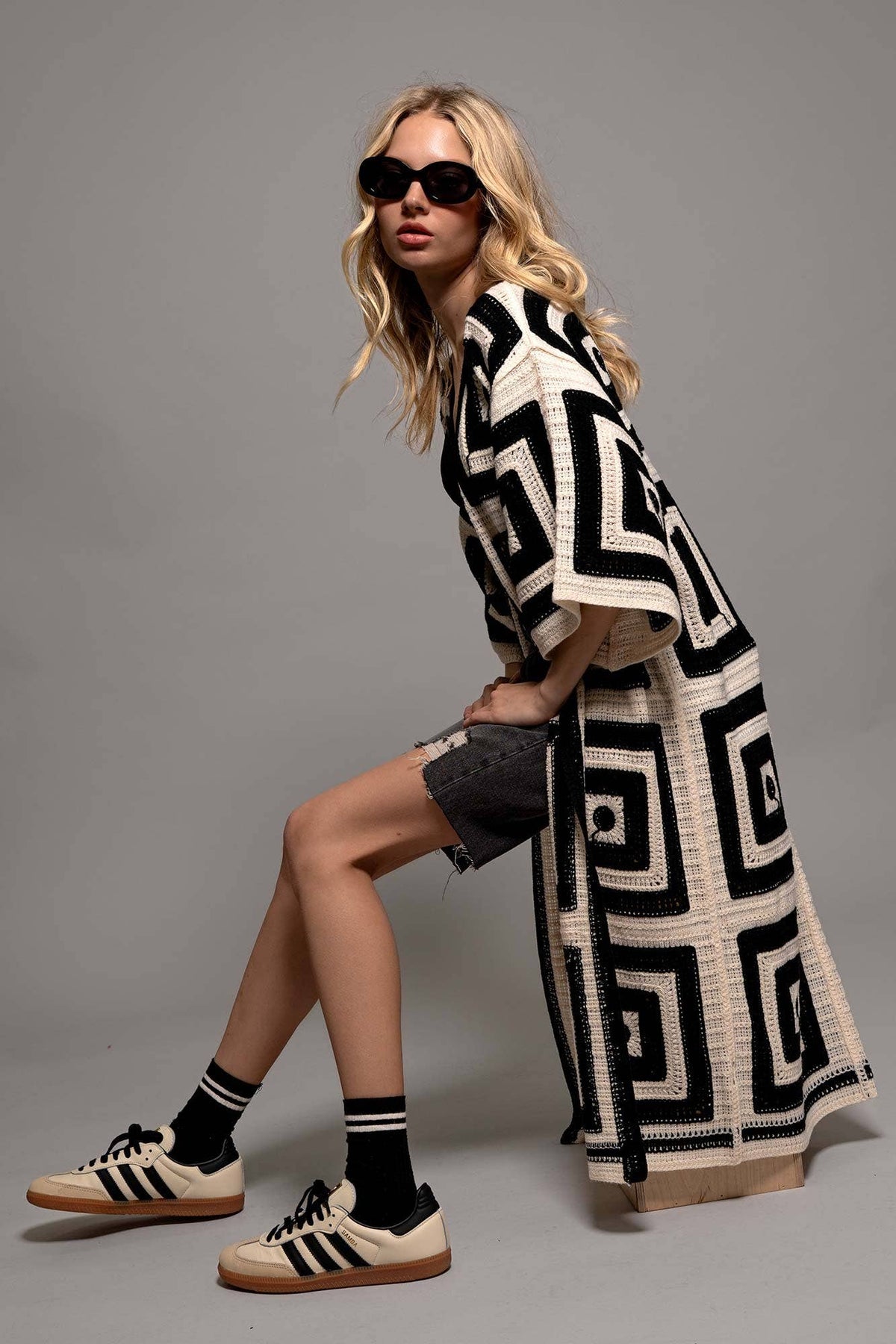 Geometric Crochet Midi Length Open Front Cardigan