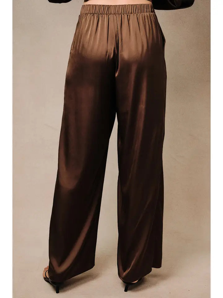 High Waist Satin Elastic Band Pleated Wide Leg Pants