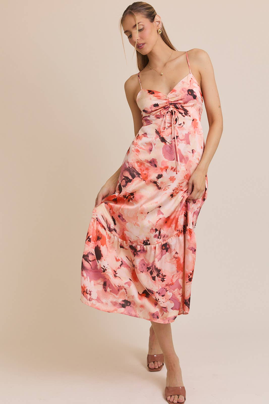 Sweetheart Strap Front Tie Floral Dress
