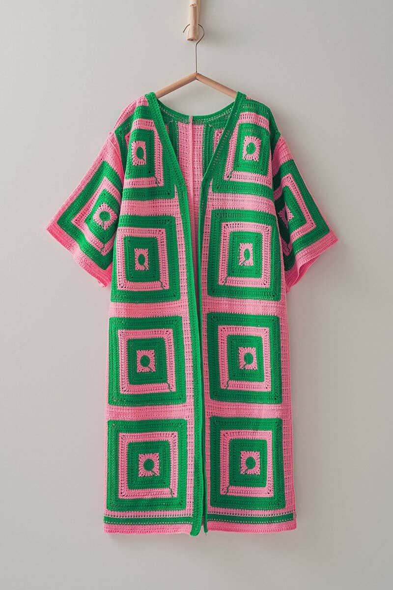 Geometric Crochet Midi Length Open Front Cardigan