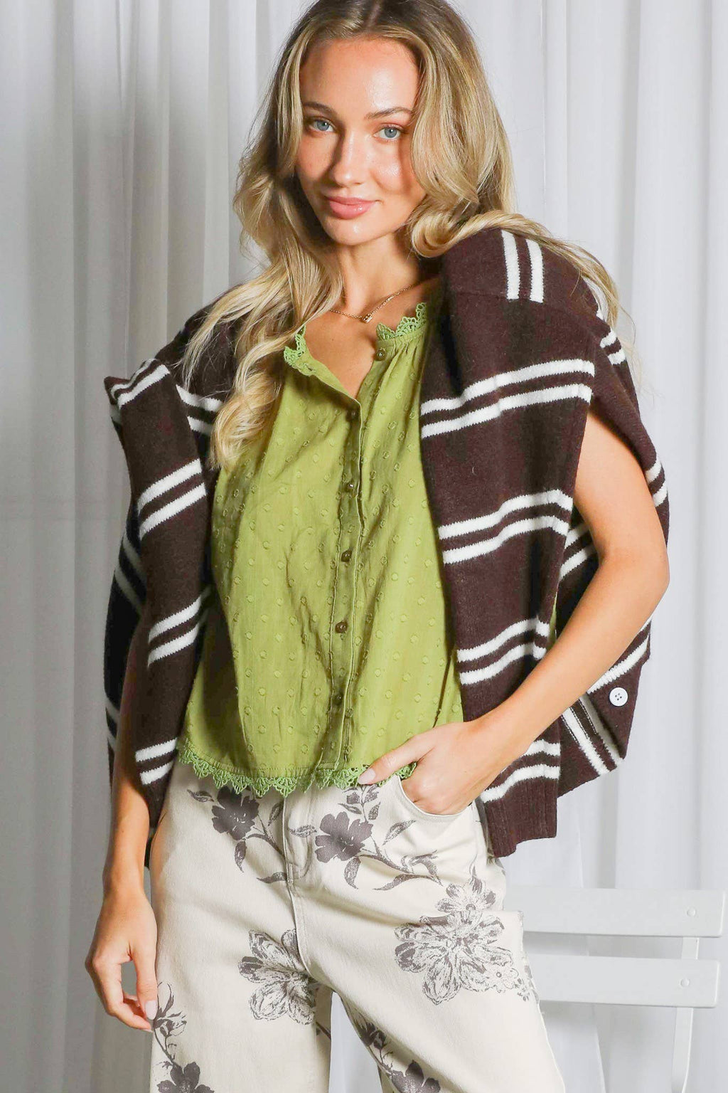 Lace Edge Sleeveless Swiss Dot Top