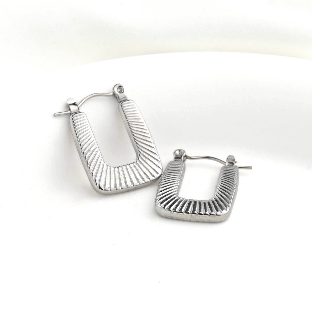 Textured U Hoops - Stainless Steel Rectangle Hoop Earrings