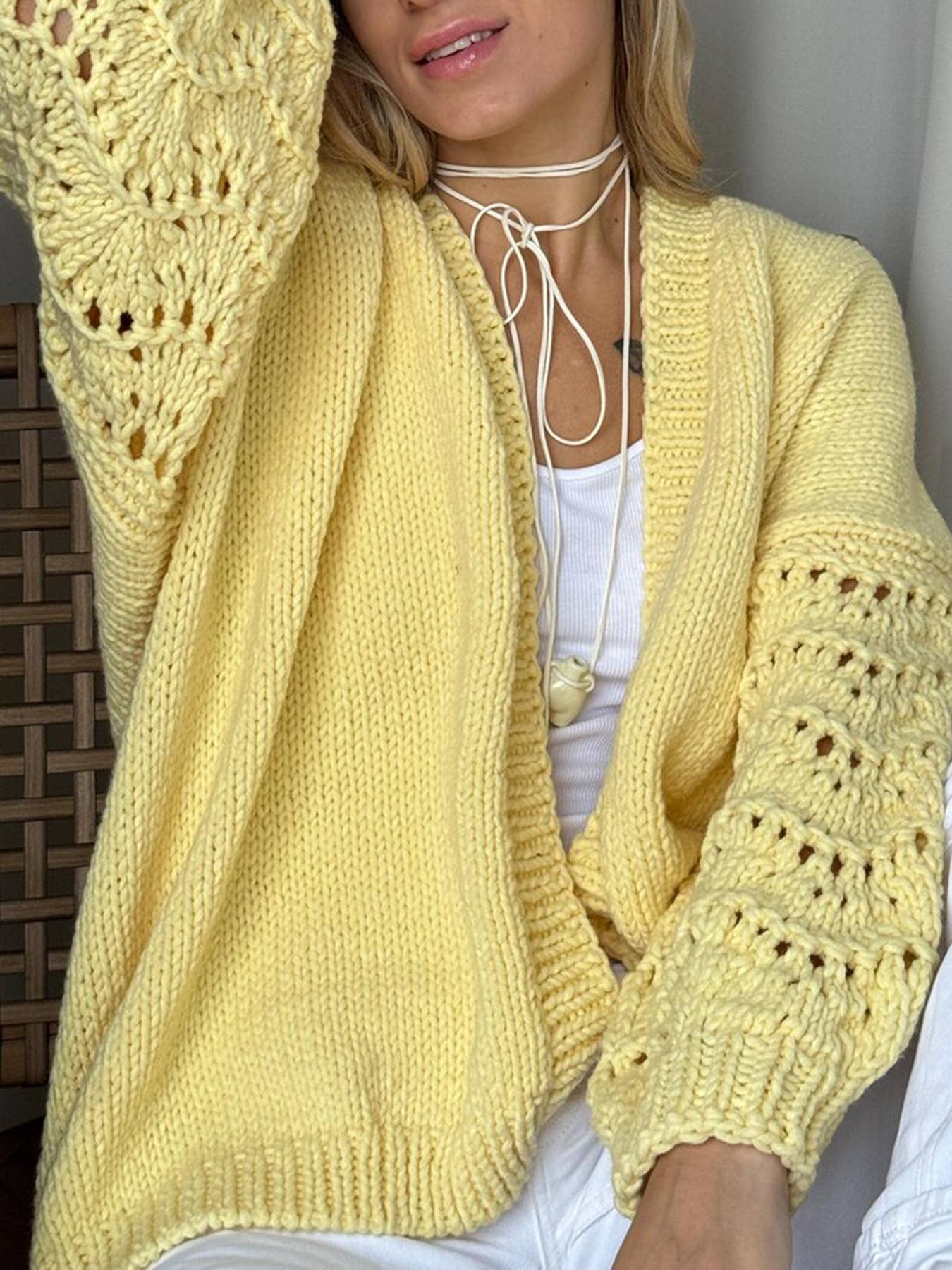 Open Front Knit Cardigan with Lace Sleeve Detail