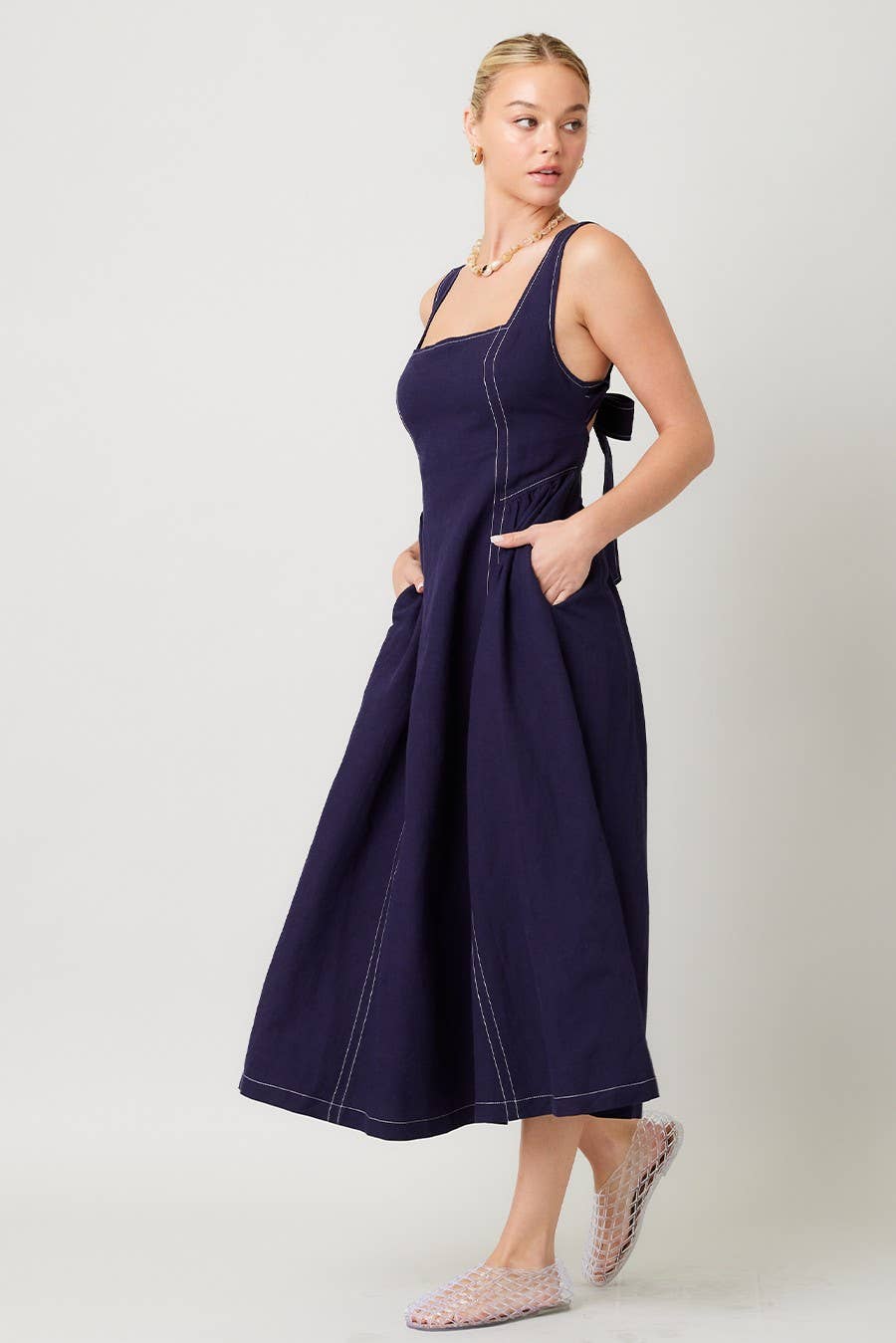 Linen Contrast Stitch Midi Dress