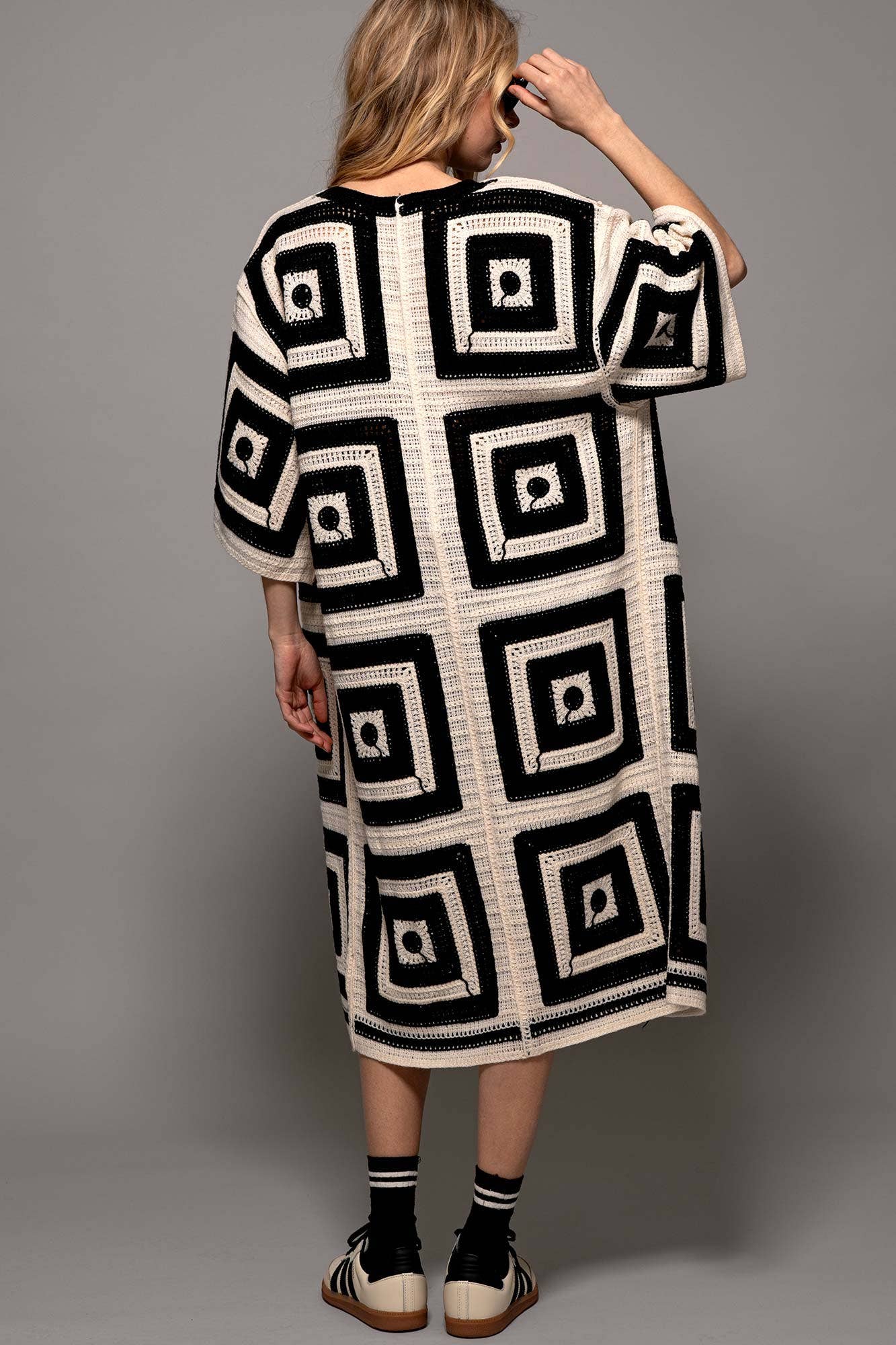 Geometric Crochet Midi Length Open Front Cardigan
