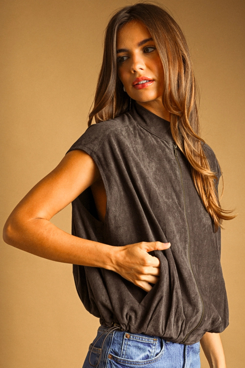 Suede Zipper Front Vest Jacket
