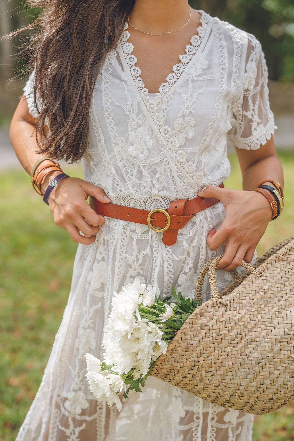 Brass-Toned Circle Buckle Leather Belt