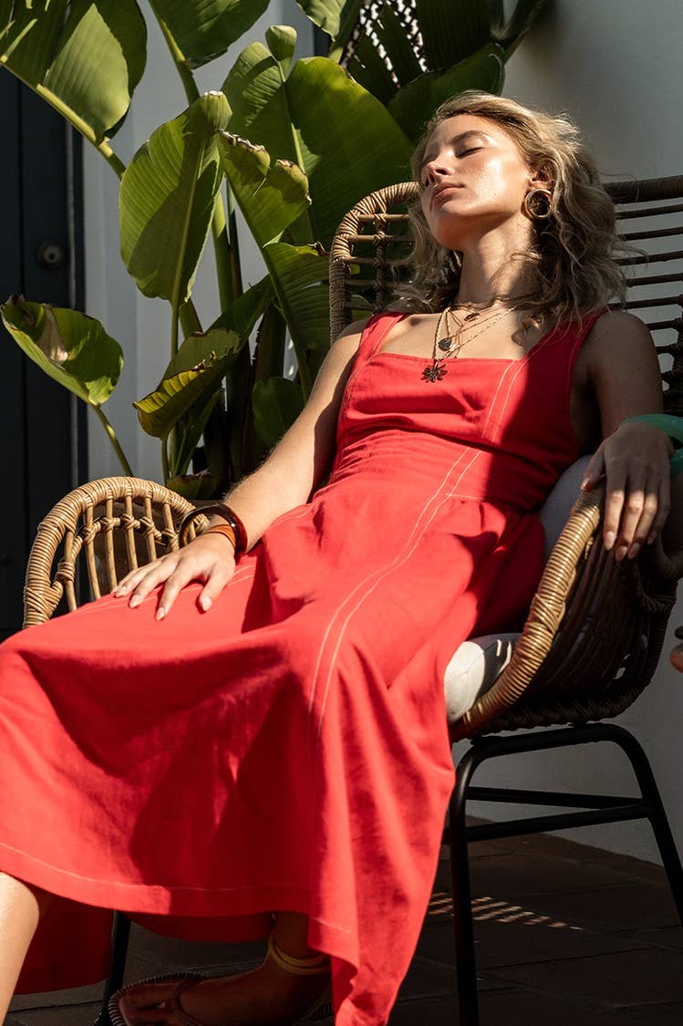 Linen Contrast Stitch Midi Dress
