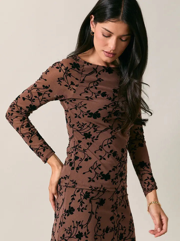Boat Neck Ragalan Long Sleeve Floral Flocking Mesh Top