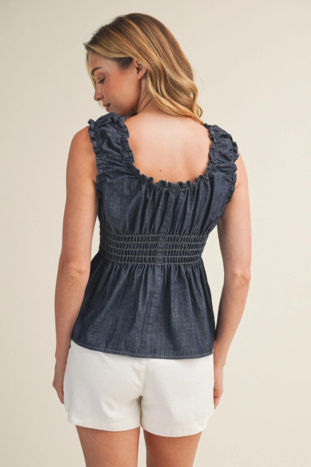 Sleeveless Smocked Peplum Denim Top
