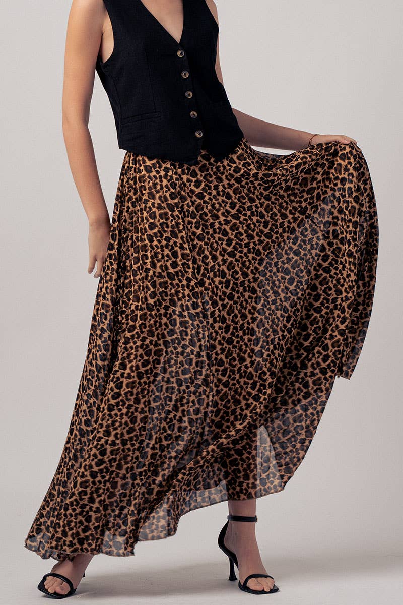Sophisticated Leopard Print Pleated Flowy A Line Midi Skirt