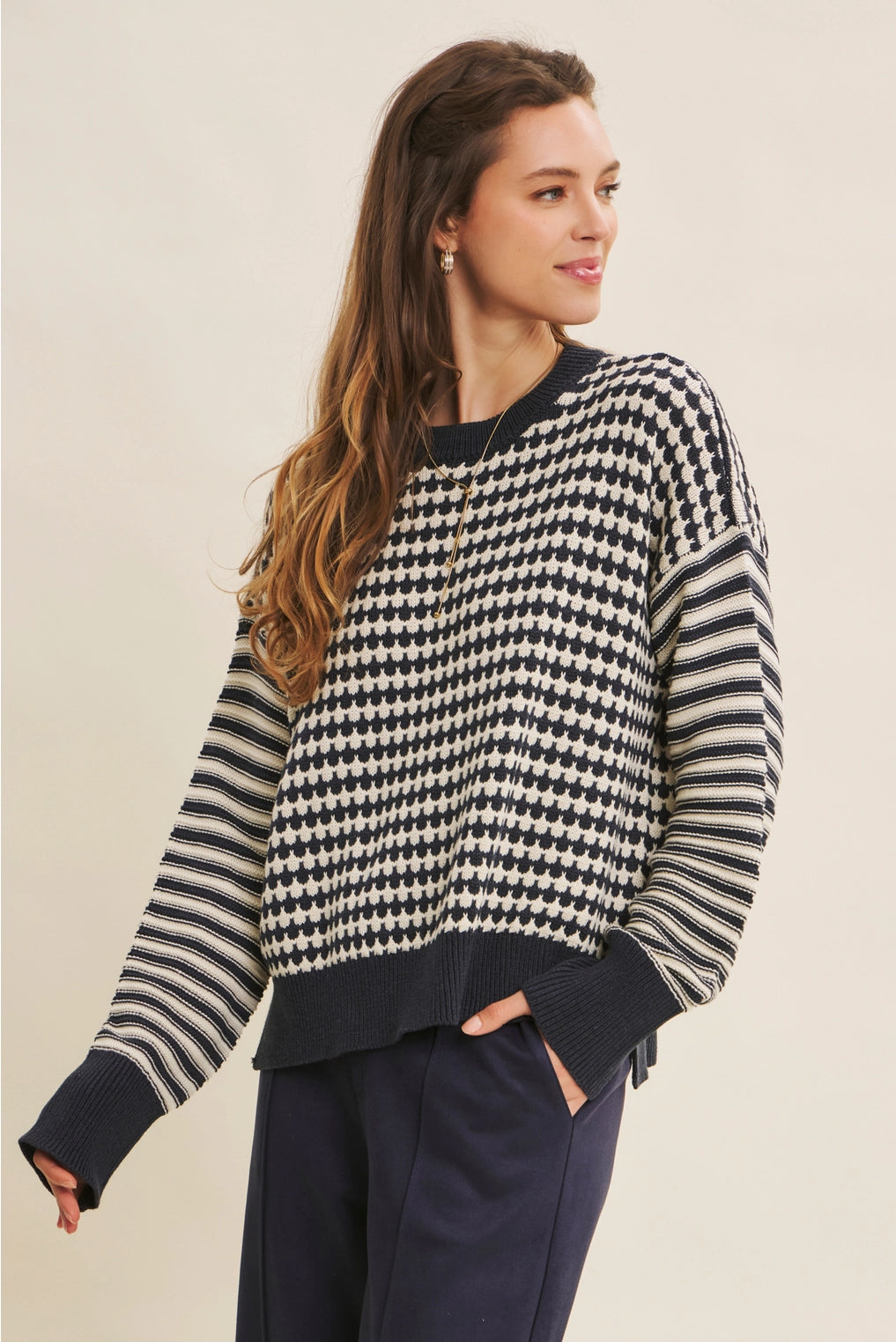 Relaxed Fit Textured Mix Stripe Crewneck Sweater