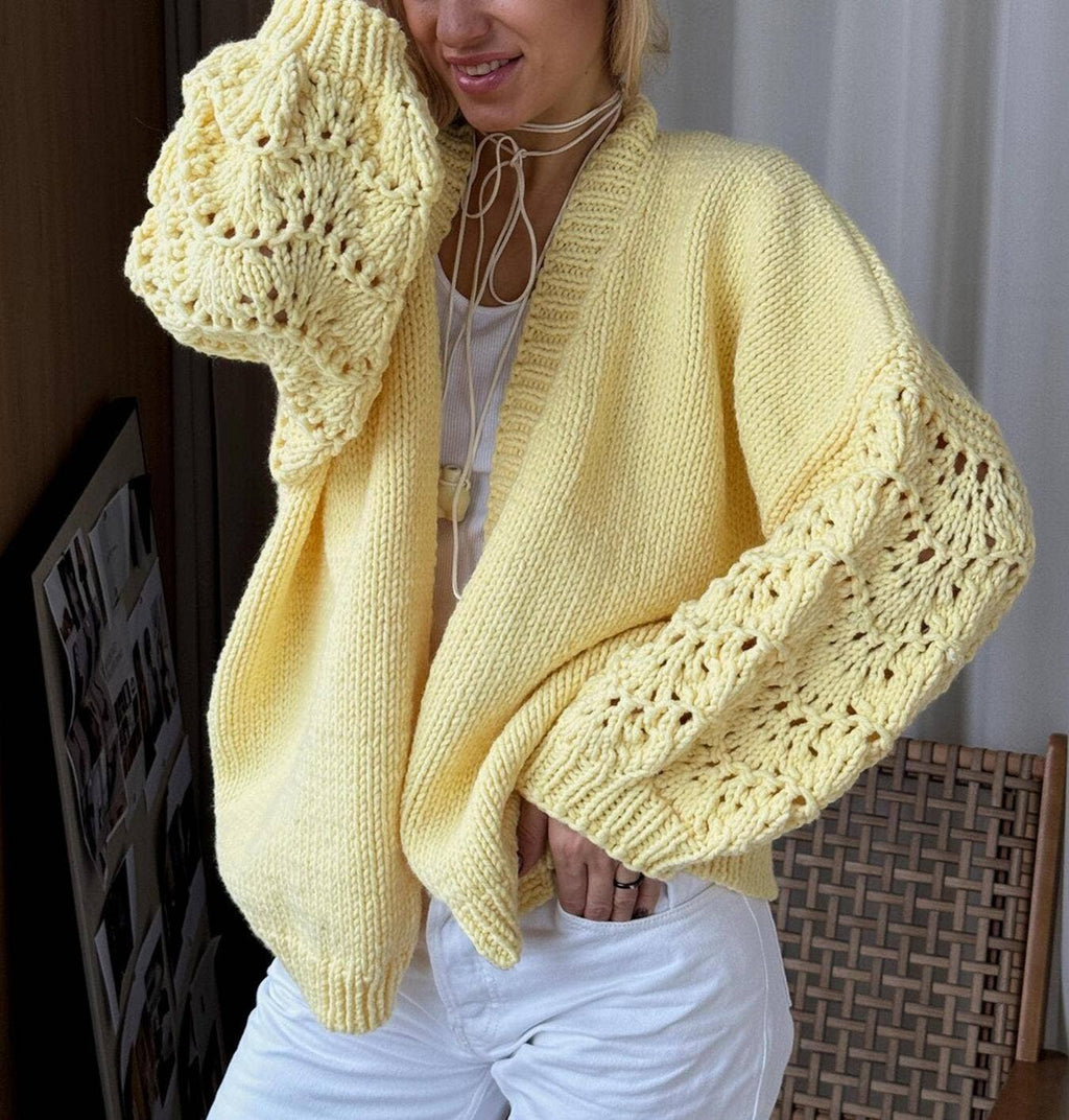 Open Front Knit Cardigan with Lace Sleeve Detail