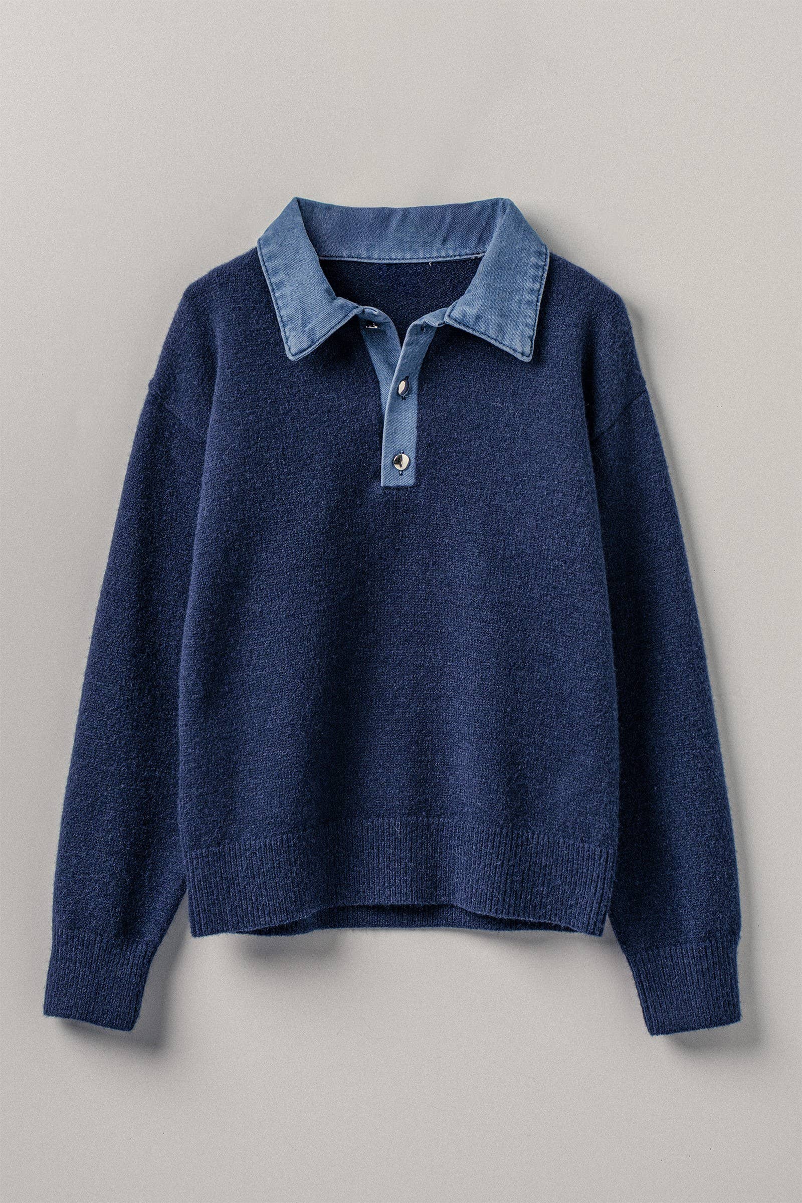 Denim Collar Contrast Button Knit Pullover
