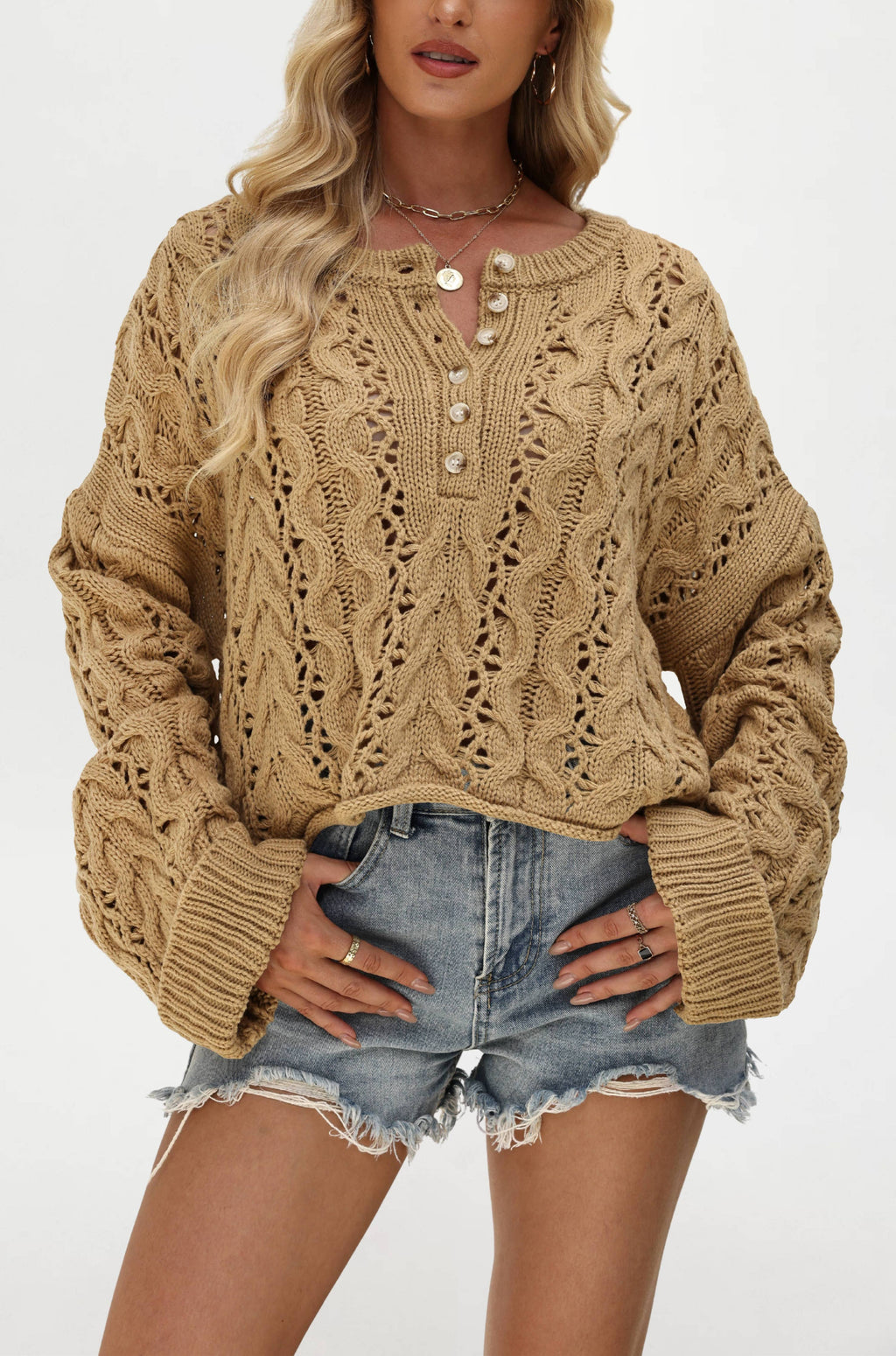 Chunky Open-Knit Henley Sweater with Wide Sleeves