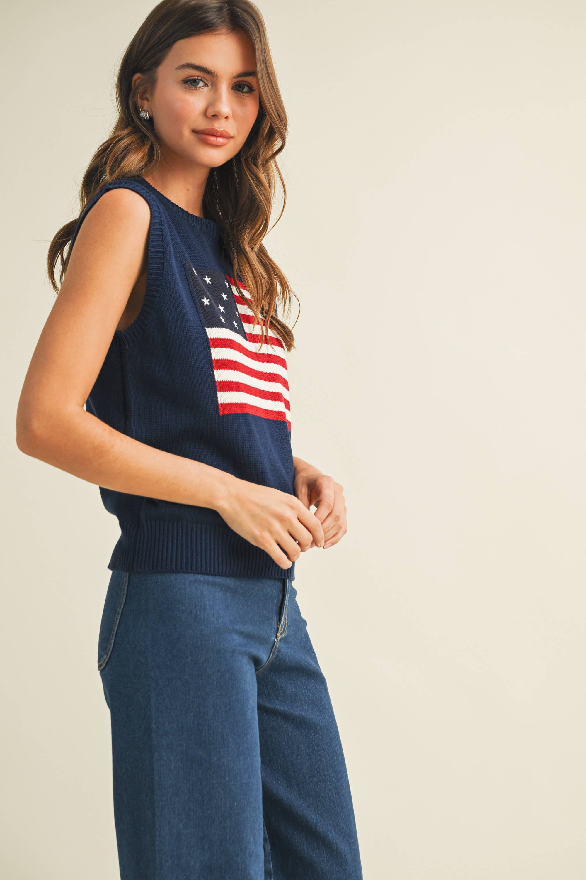 USA FLAG SLEVELESS KNIT PULLOVER SWEATER