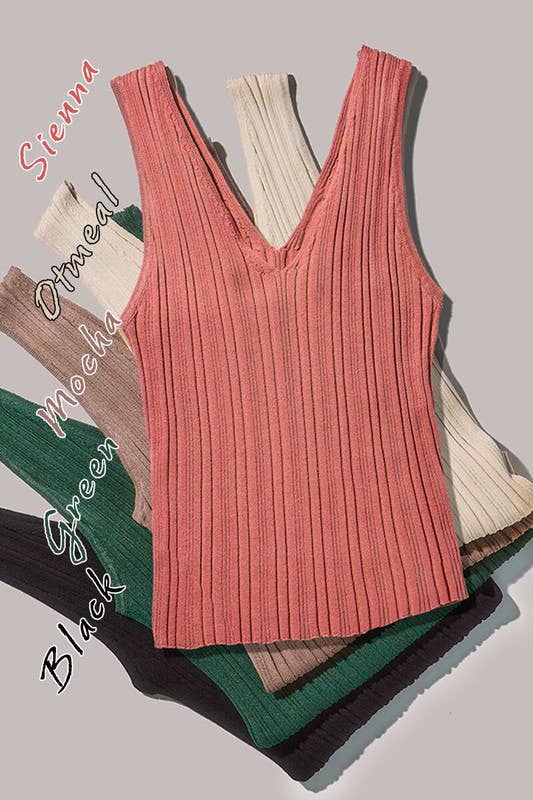 Textured Ribbed V Neck Knit Tank Top