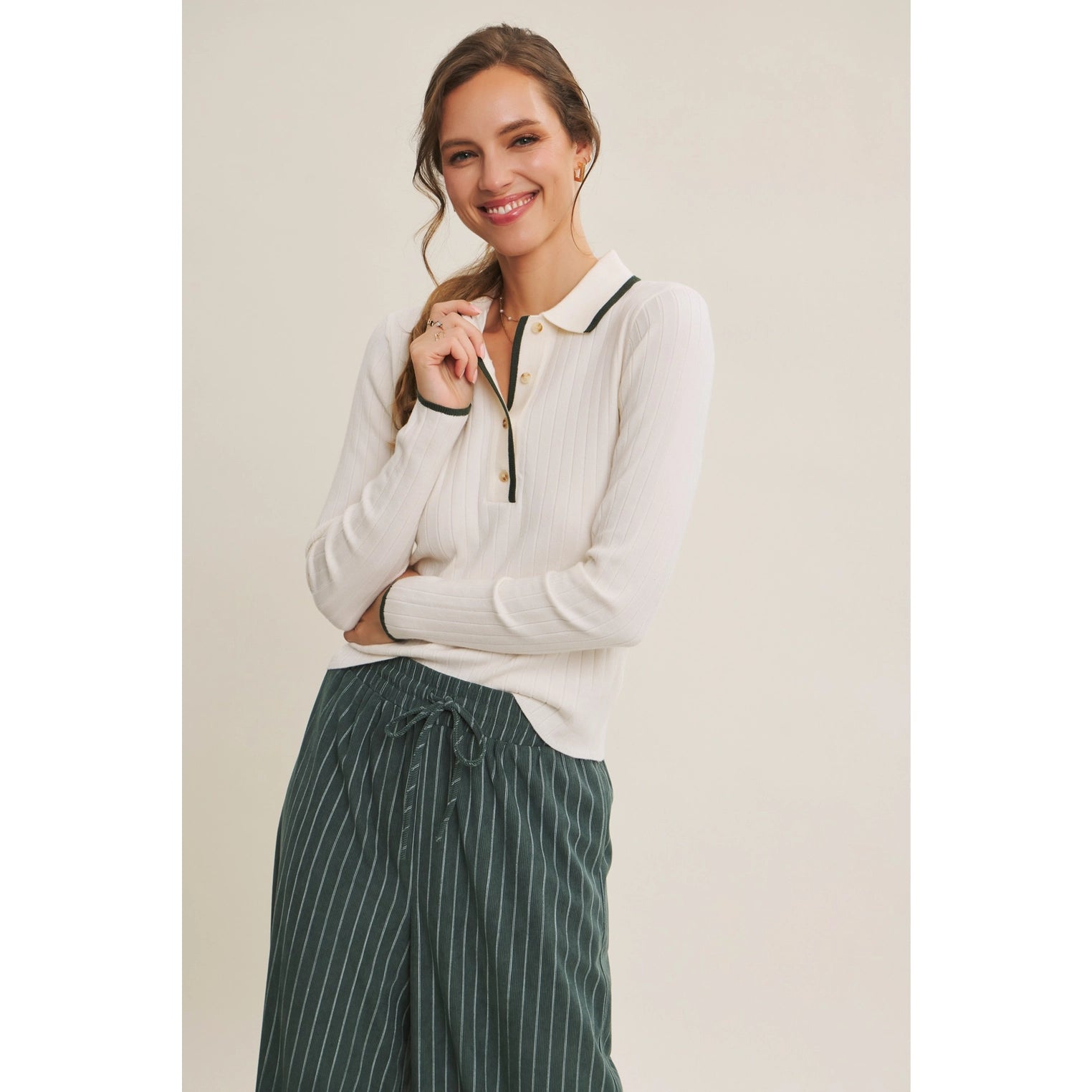 Quietly Elegant Viscose Blend Contrast Ribbed Sweater Polo